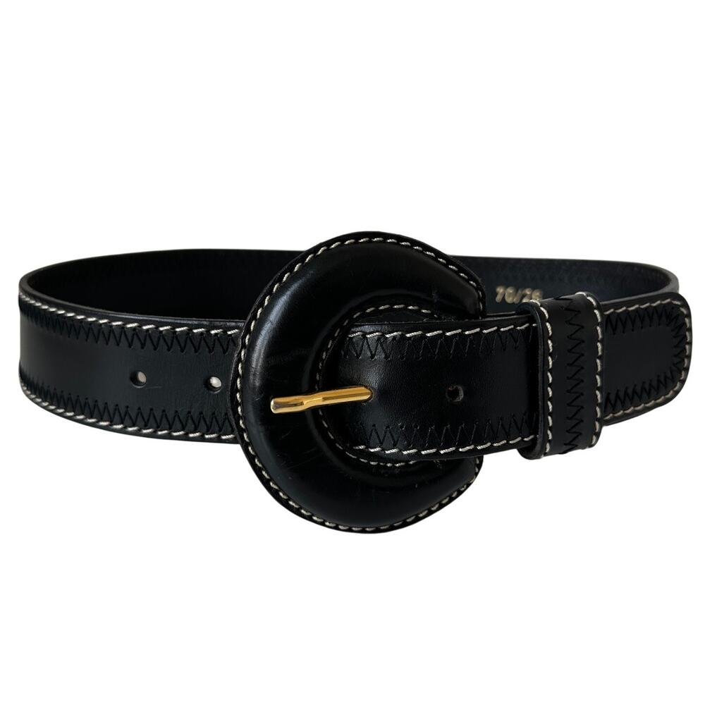 Doppia Vita Vintage Black Leather Belt Oversized Buckle 24"- 28"